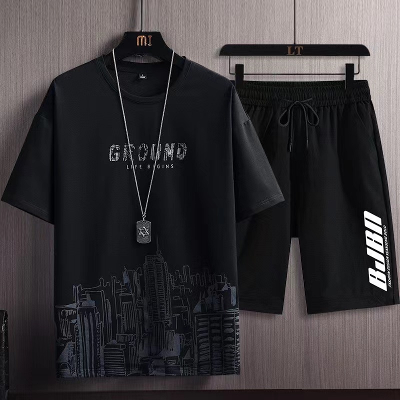 Men's Tracksuits Summer Men's 2-piece Fashion Casual Solid Short Sleeve T-shirt and Shorts Sportswear Breathable Men's Wear 230424