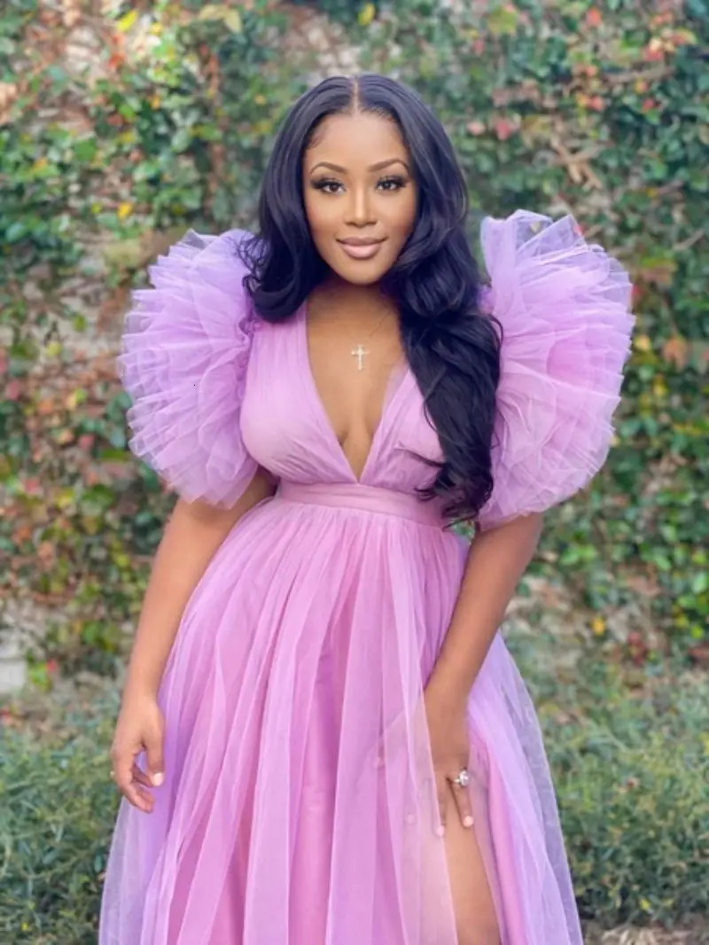 Plus size Dresses Plus Size Puff Mesh Ruffles Women Party Dress 4XL 5XL Side Split Deep V Neck Sexy Club Dresses Ladies Birthday Clothing 231123