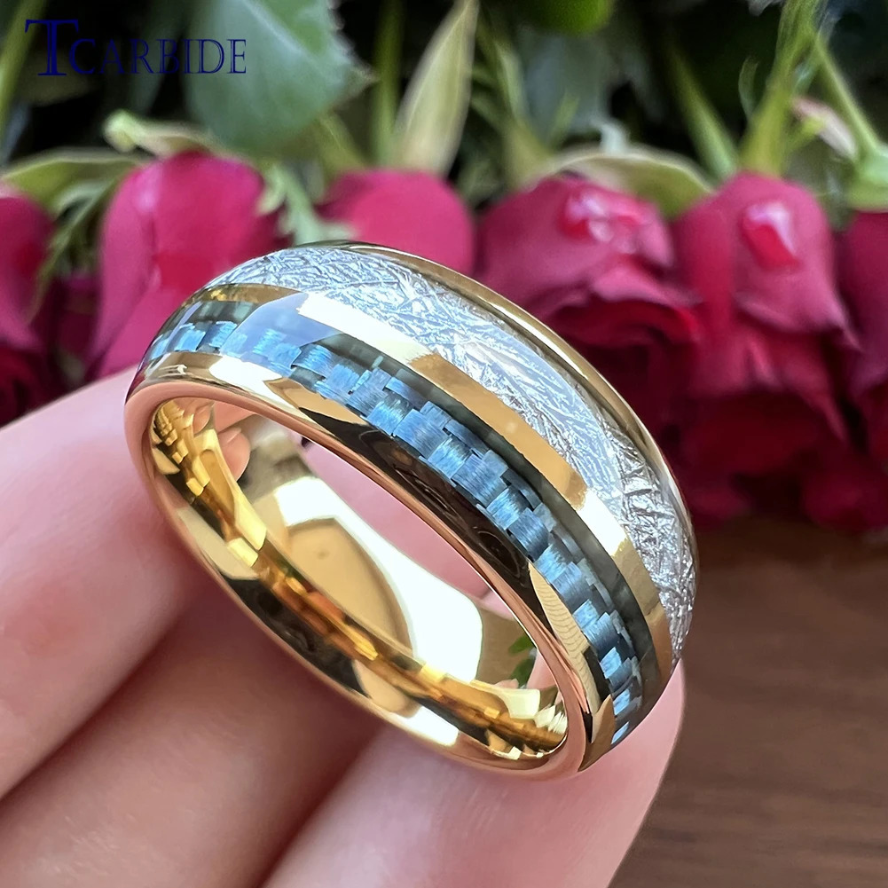Band Rings 8MM Men Women Tungsten Wedding Band Rings With Blue Carbon Fiber And White Meteorite Inlay Comfort Fit 231124