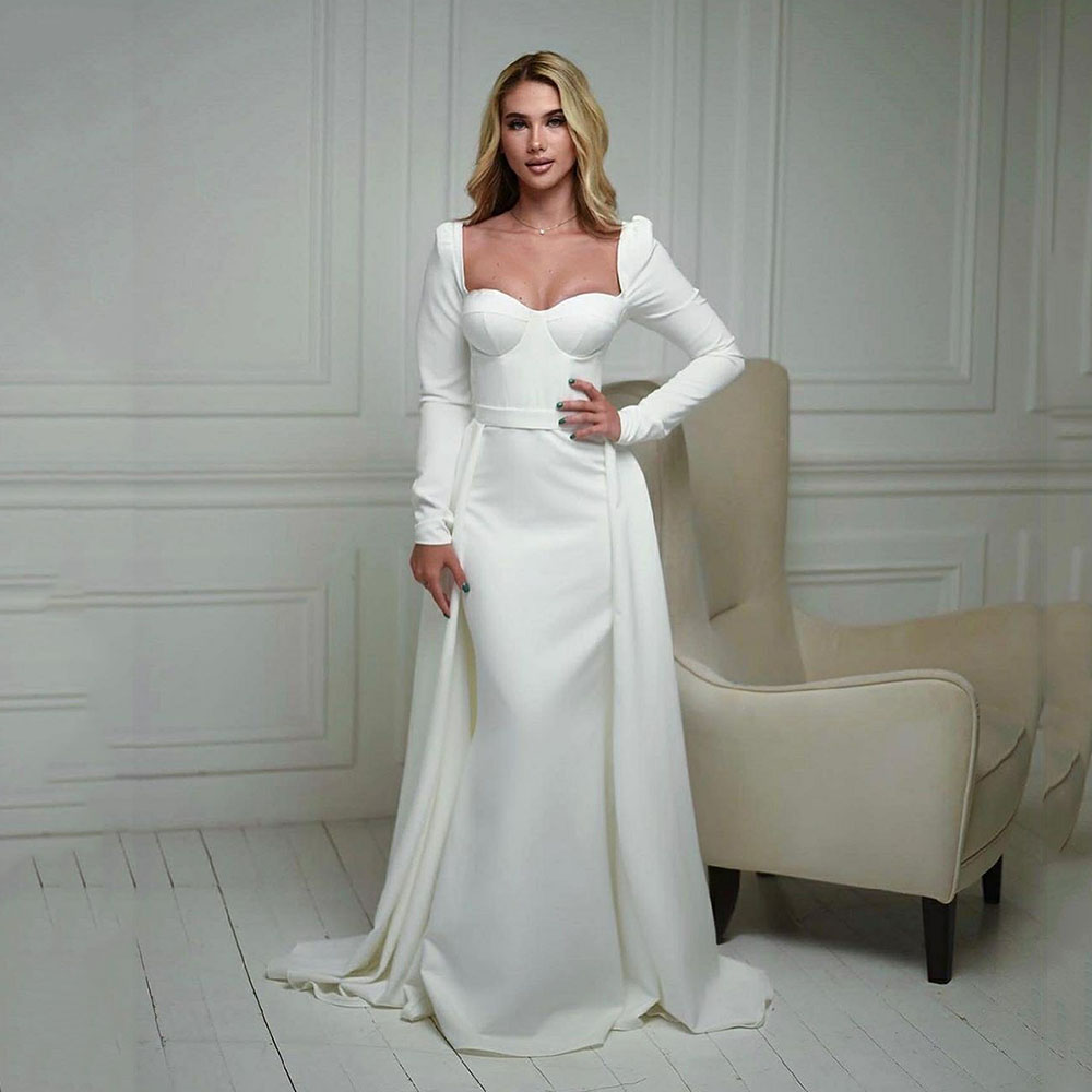 Mermaid Vintage Satin Wedding Dresses With Detachable Train Sweetheart Remove Skirt Bridal Gown Long Sleeve Vestidos De Novia