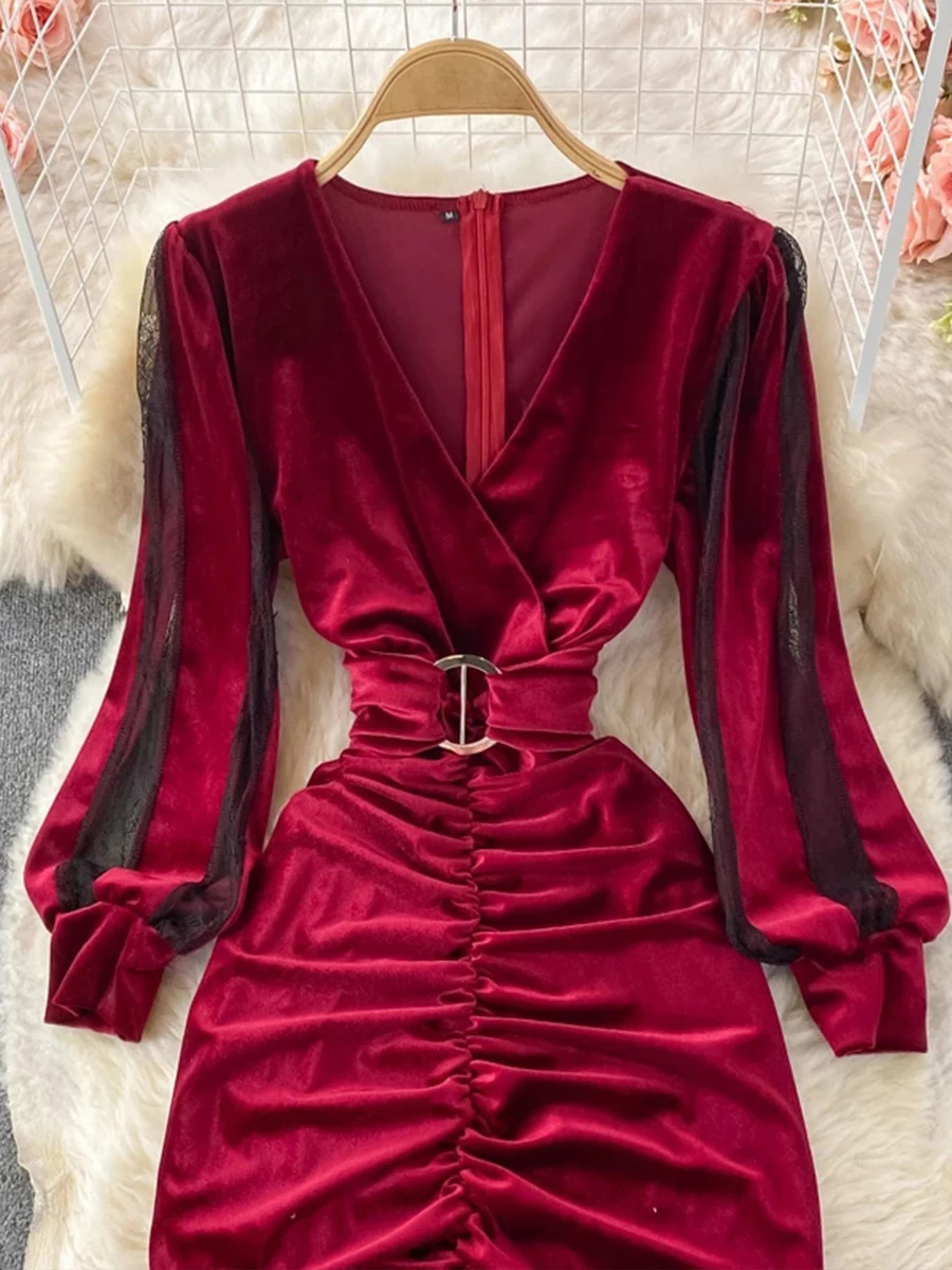 Basic Casual Dresses Autumn Winter Women BlackRed Draped Bodycon Midi Dress Vintage VNeck Mesh Patchwork Long Sleeve High Waist Vestidos 231123