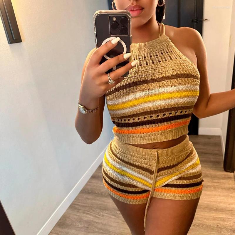 Women's Tracksuits Summer Rainbow Knitted Crop Top 2 Piece Short Pant Suits Sets Womens Outfits Clothes Crochet Backless Two Set Sexy Club