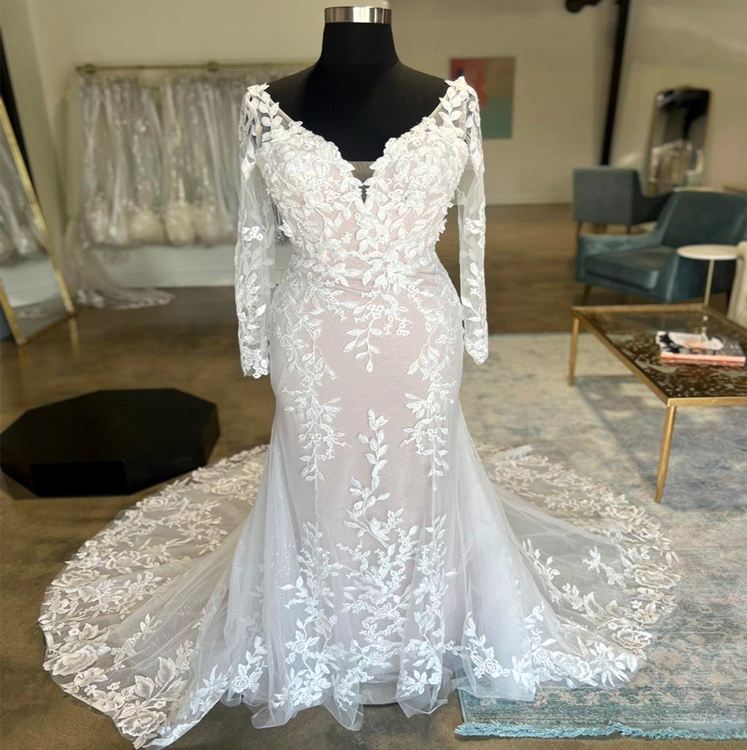 2023 Nov Arabic Aso Ebi Plus Size Illusion Mermaid Lace Wedding Dress Deep V-neck Long Sleeves Bridal Gowns Dresses ZJ441