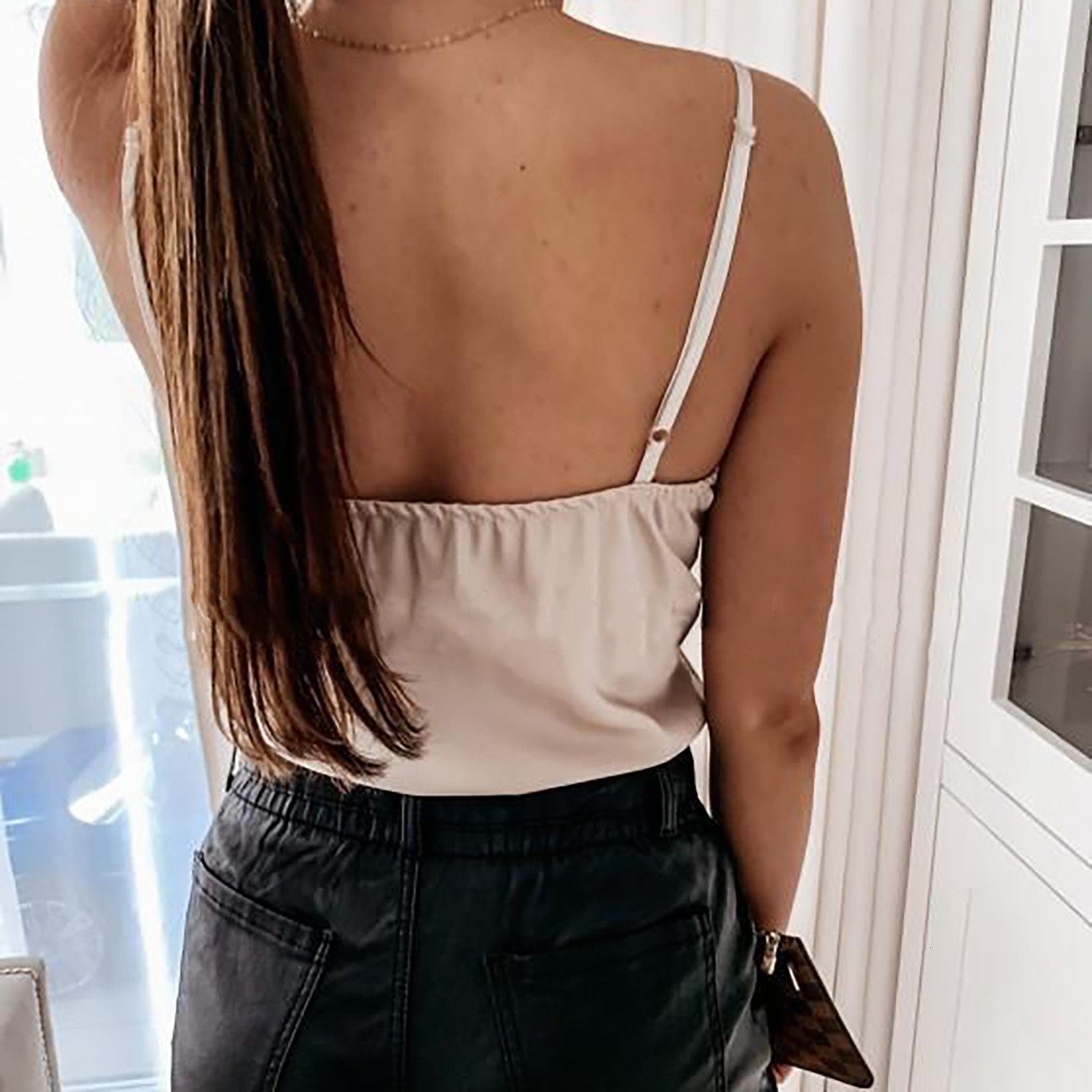 Women's Tanks Camis Summer Women Sexy Camisole Lace V Neck Spaghetti Strap Tank Top Ladies Satin Silk Feminino Button Vest Femme 230422Z