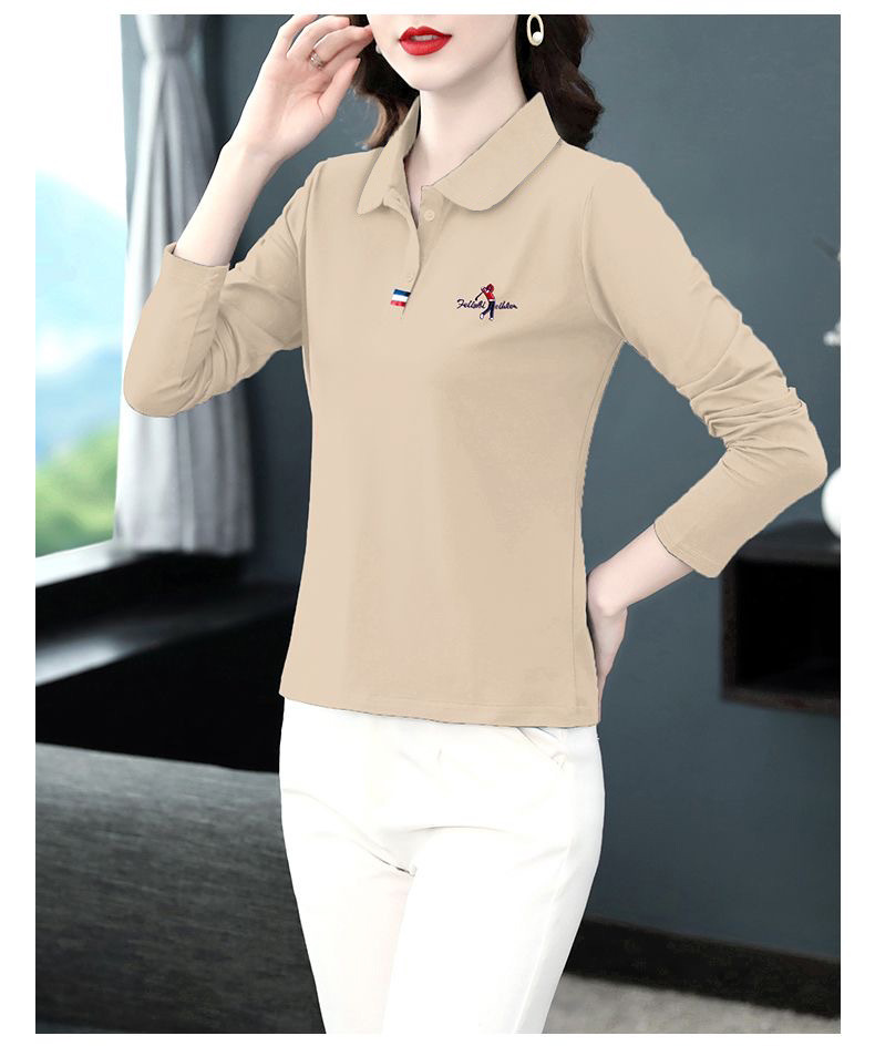 T-shirt women 2023 long sleeve large lapel polo shirt Spring and autumn embroidered bottomed T-shirt