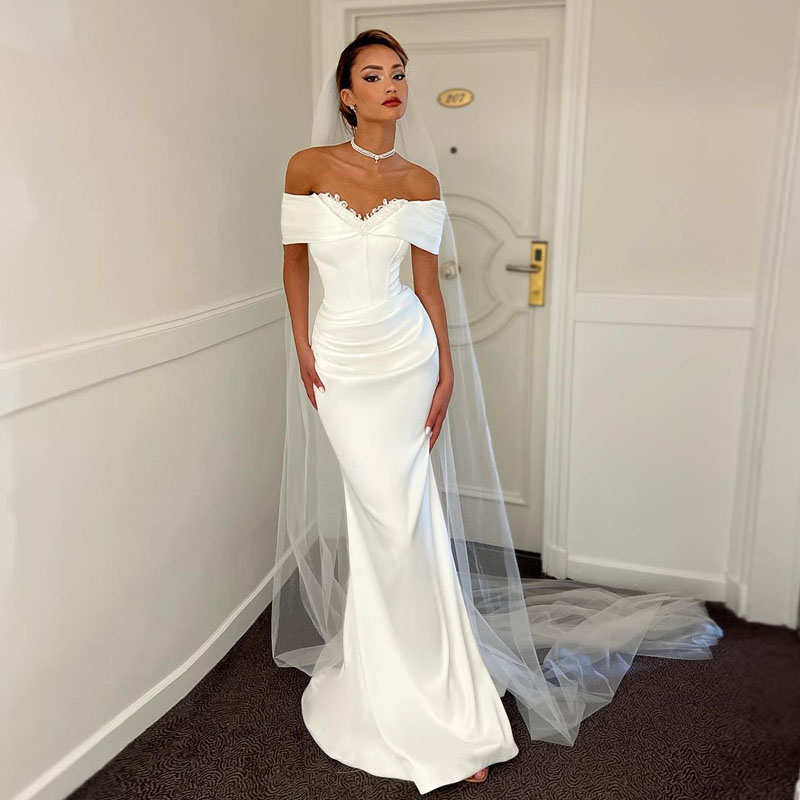 Modest Off the Shoulder Mermaid Wedding Dresses Beaded Collar Satin Bride Gown for Women Custom Made Trumpet Vestidos De Novia