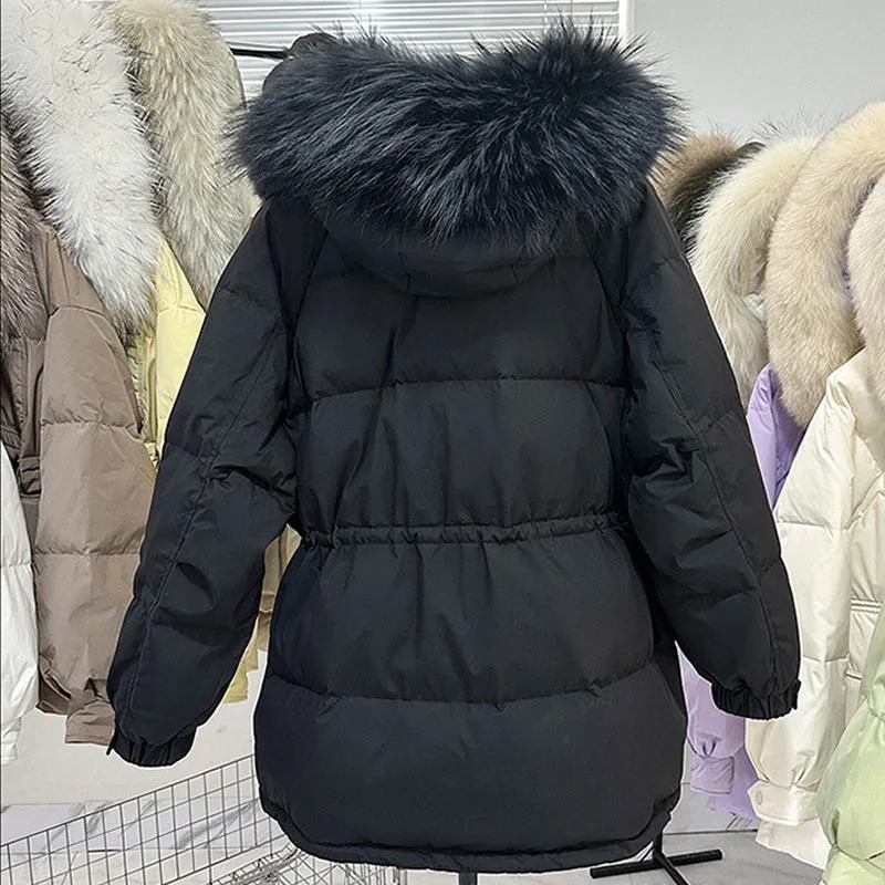 Women's Luxe Raccoon Fur Hooded Puffer Jacket - 90% White Duck Down Coat, Winter Thickened Parka with Oversized Hood, Windproof Feather Jacket