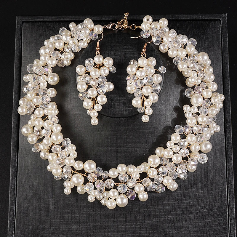 Chokers Wedding Bridal Full Large Pearls Necklace Earrings Jewelry Set Dangle Earrings Adjustable Set Elegance Party Jewelry for Women 231124
