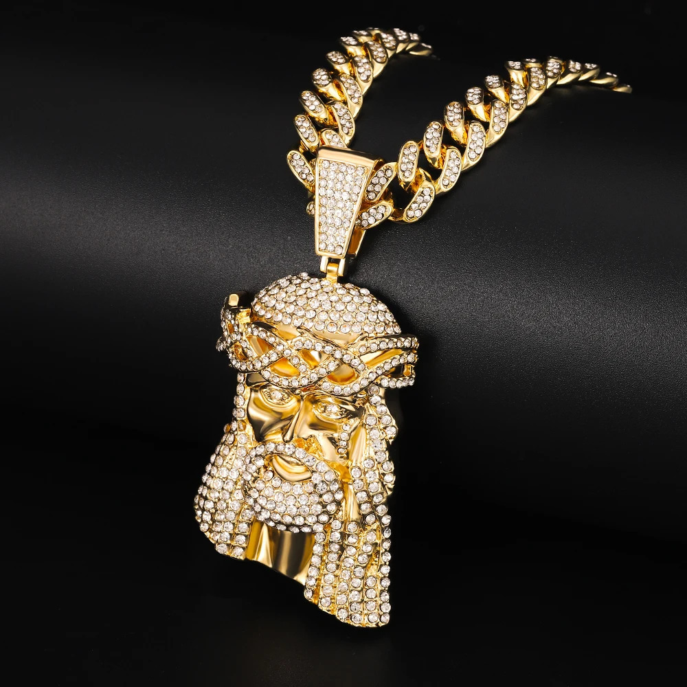 Chokers Hip Hop Jesus Pendant Cuban Chain Necklace Men Ice Out Paved Full Shining Crystal Jesus Head Face Charm Cuban Necklace Jewelry 231124