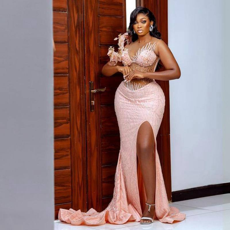 Aso Ebi Lastest Light Pink Prom Gowns Mermaid Illusion Evening Birthday Party Second Reception African Arabic Nigeria Formal Dress Bridesmaid Engageme