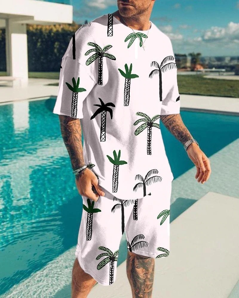Men's Tracksuits Summer men's set 3D beach coconut tree T-shirt men's sportswear casual short sleeved T-shirtshorts 2 piece men's 