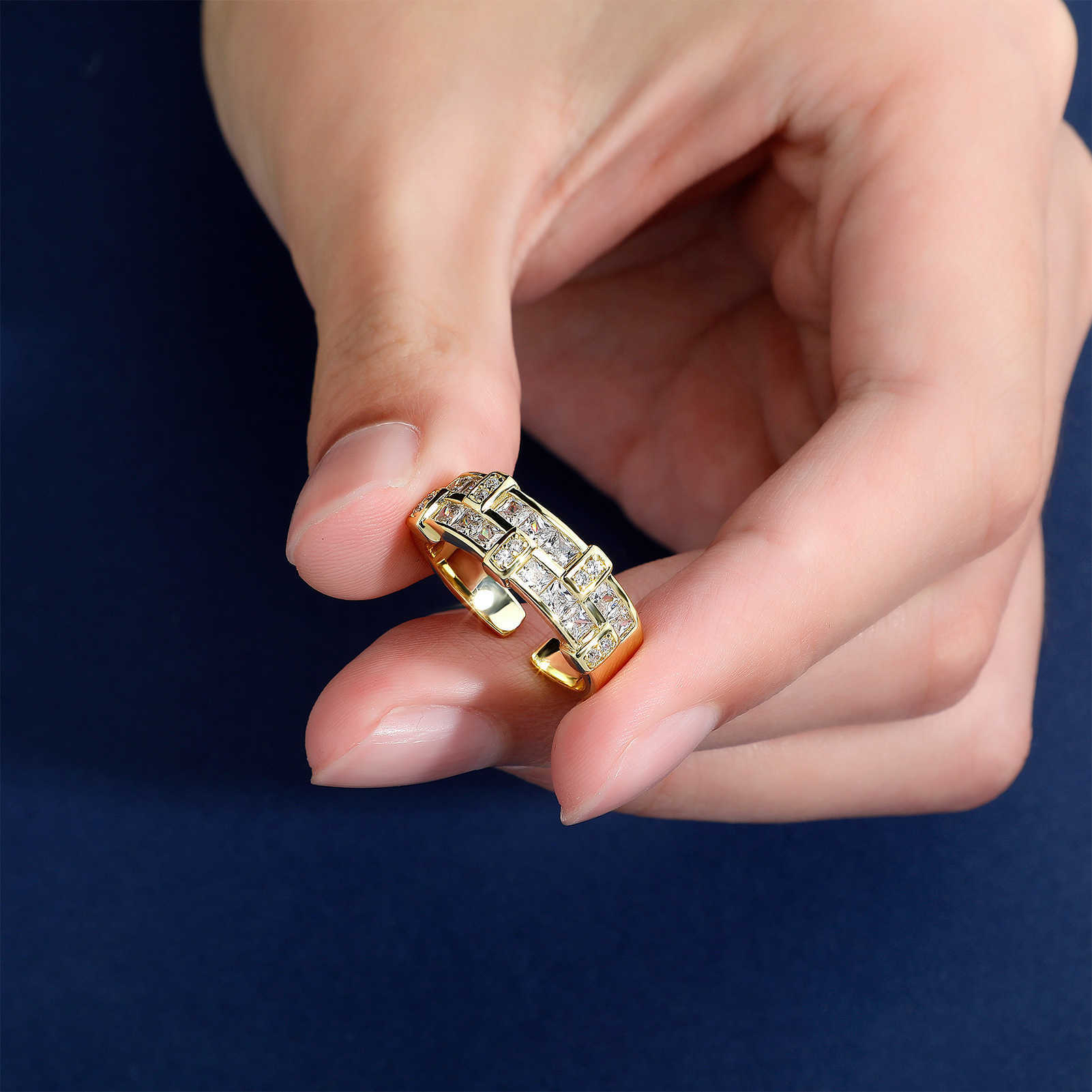 New Tshaped Open Cuff Band Rings For Men And Women Fashion Openable Adjustable Finger Ring Versatile Couple Ring 14k Gold wedding Iced Out Cubic Zirco