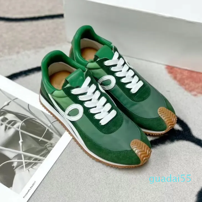 Mens Womens dress Shoes Flow Runner in nylon suede Lace up sneaker soft upper honey rubber wave sole that curves around the toe and heel L monograms side 07