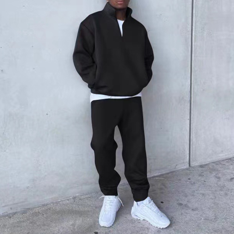 Men's Tracksuits Casual solid color loose fitting men's track suit Spring casual long sleeved bracket collar top and pants two-piece set for