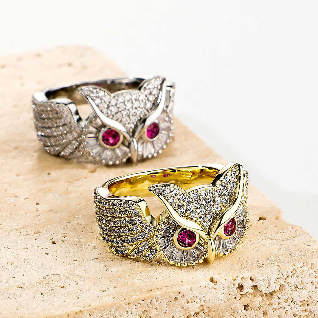 New Hip-hop Style Zirconium Filled Owl Band Ring For Men And Women INS Trendy Personalized Index Finger Rings 14k Real Gold Plated Bijoux Rapper Wolf 