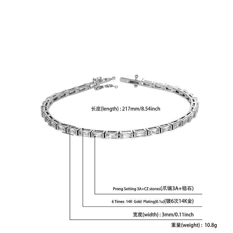 Rap High-quality Square Diamond Tennis Bracelet For Men And WoMen Baguette Cubic Zirconia 14k Real Gold Plated Copper Chains Bangle Iced Out Wrist Jew