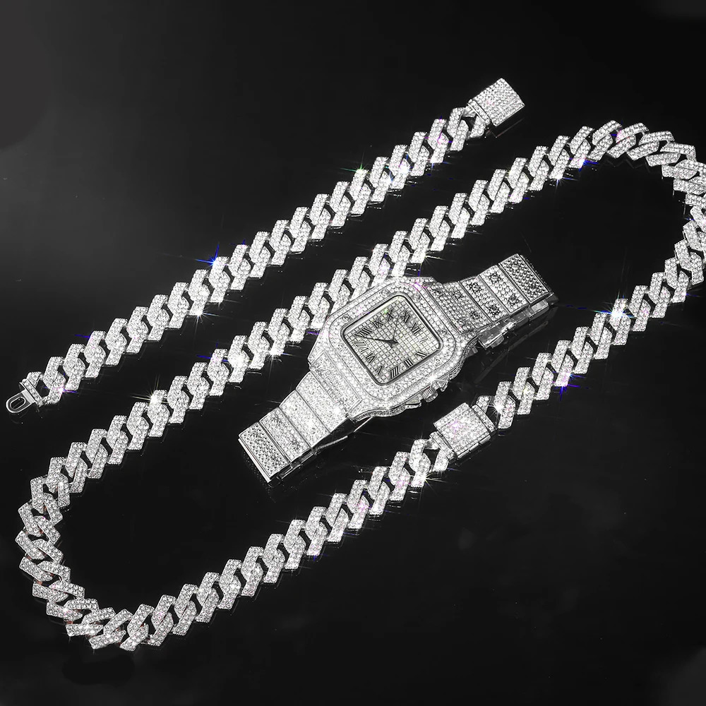 Chokers Gold Color Watch Hip Hop Miami Curb Cuban Chain Iced Out Paved Rhinestones Bling Rapper NecklaceWatchBracelet Jewelry For Men 231124