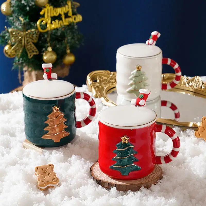 Mugs Cute Cartoon Christmas Tree Ceramic Mug for Girls Friends Student Gift Home Office Coffee Milk Tea Cup with Lif Spoon Drinkware 231123
