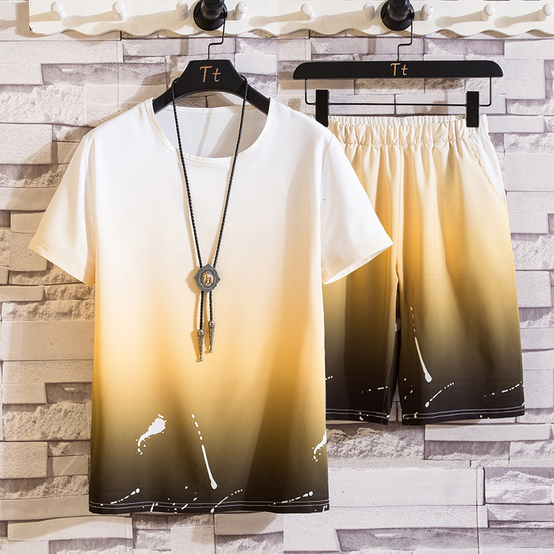 Men's Tracksuits Men's Suit Gradient Summer Short Sleeve T-Shirt Set Fashion 2 Piece Streetwear 3D Printed Sports Beach Shorts Sportswear Me