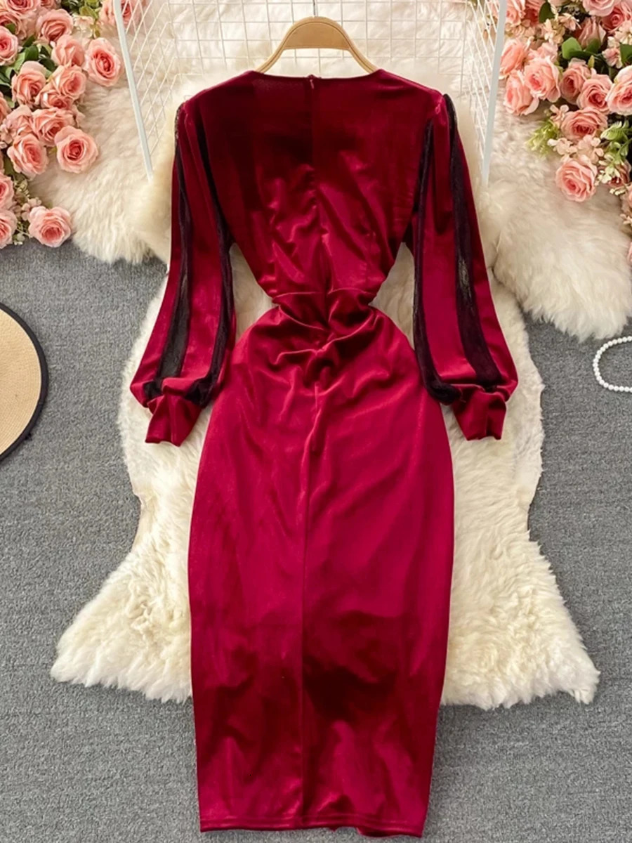 Basic Casual Dresses Autumn Winter Women BlackRed Draped Bodycon Midi Dress Vintage VNeck Mesh Patchwork Long Sleeve High Waist Vestidos 231123