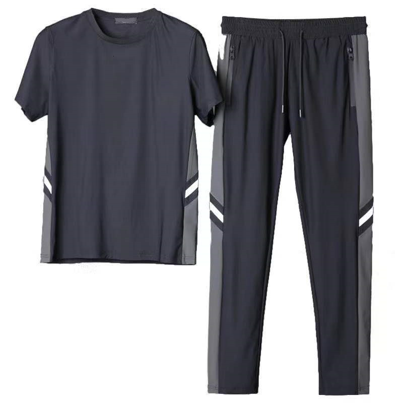 Men's Tracksuits Men's Cold Thin Short Sleeve T-shirtTwo Piece Solid ShirtTrouser Family Set Men's Size M-5XL 956 230424