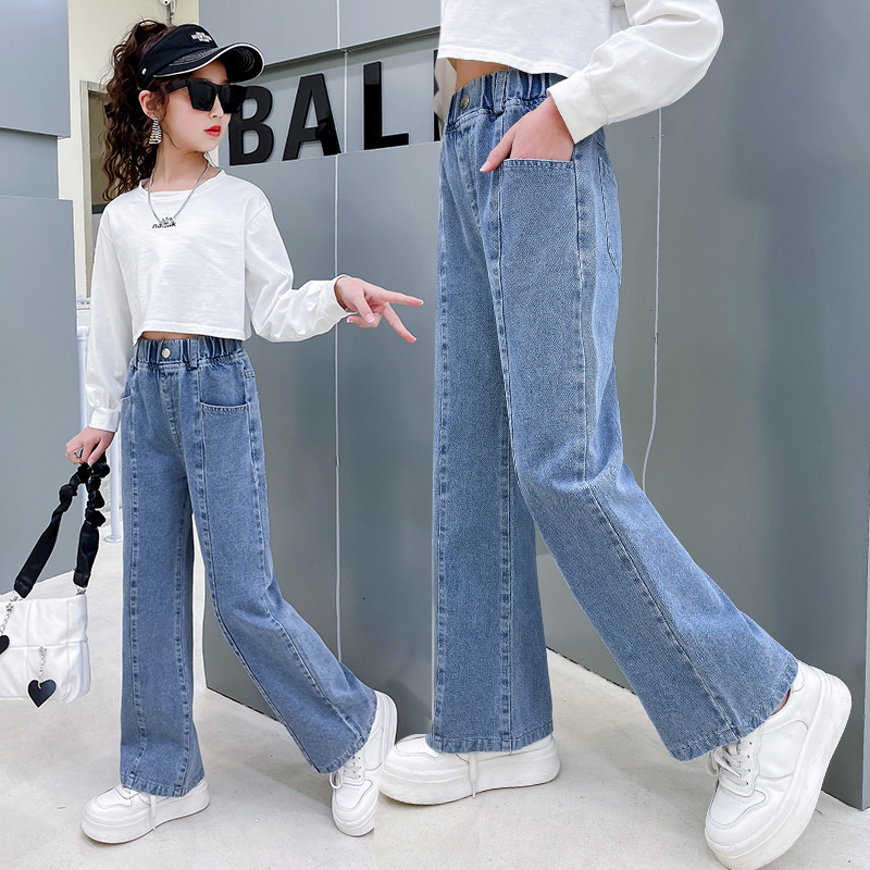 Jeans Teen Girls Jeans High Waisted Wide Leg Pants Springs Children's Loose Straight Blue Denim Pants Casual Style Trousers Clothes 230424