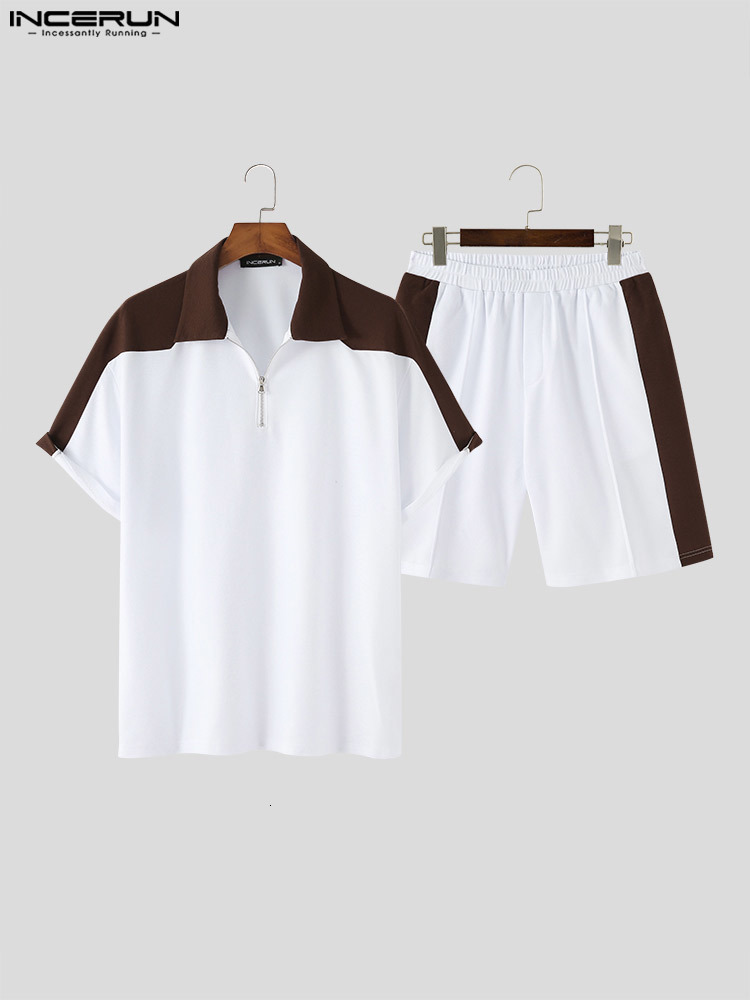 Men's Tracksuits INCERUN Fashion Casual Men's Short Sleeve Tops Side Pockets Shorts Sets Handsome Male Splicing Two-piece Sets S-5XL 230424