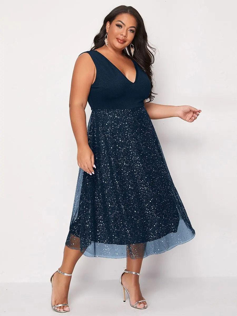 Urban Sexy Dresses Plus Size 4XL Dress for Women Blue Elegant Midi Curvy Chiffon Clothing Summer Autumn Ladies Cocktail Evening Party Dresses 231123