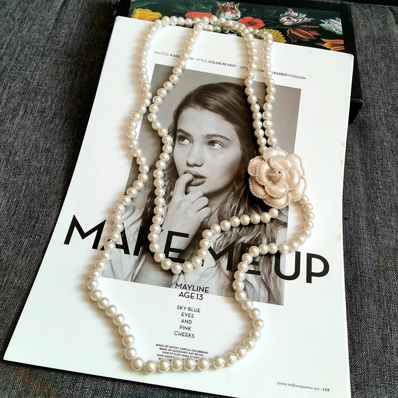 Chokers Korean Sweater Chain Layered Pearl Necklace Pendant For Women Carmellia Flower Jewelry 231124