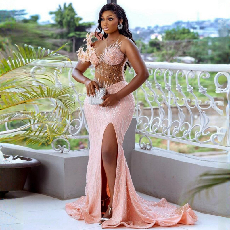 Aso Ebi Lastest Light Pink Prom Gowns Mermaid Illusion Evening Birthday Party Second Reception African Arabic Nigeria Formal Dress Bridesmaid Engageme