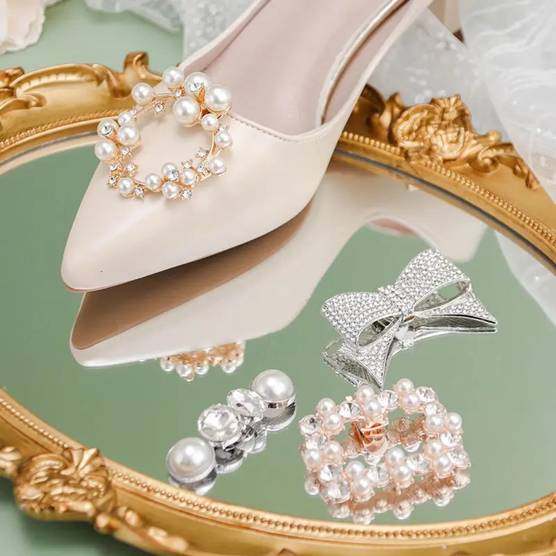 Shoe Parts Accessories Pearl shoe buckle accessories high heel square drill removable wedding shoes decorative flower 231124