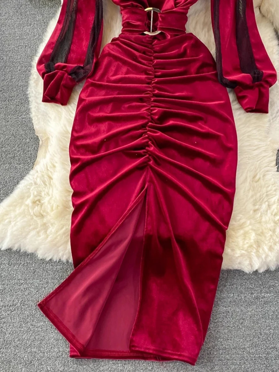 Basic Casual Dresses Autumn Winter Women BlackRed Draped Bodycon Midi Dress Vintage VNeck Mesh Patchwork Long Sleeve High Waist Vestidos 231123