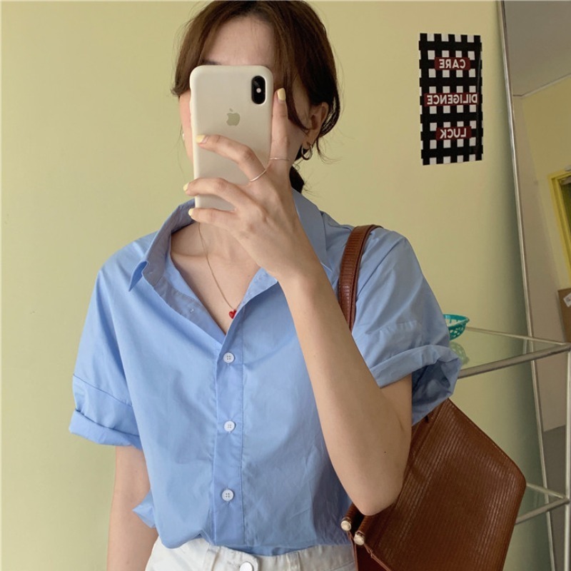 Women's Blouses Shirts Summer Top All Match Solid Shirt Short Sleeve Turn Down Collar Blouse Women Z032 230424