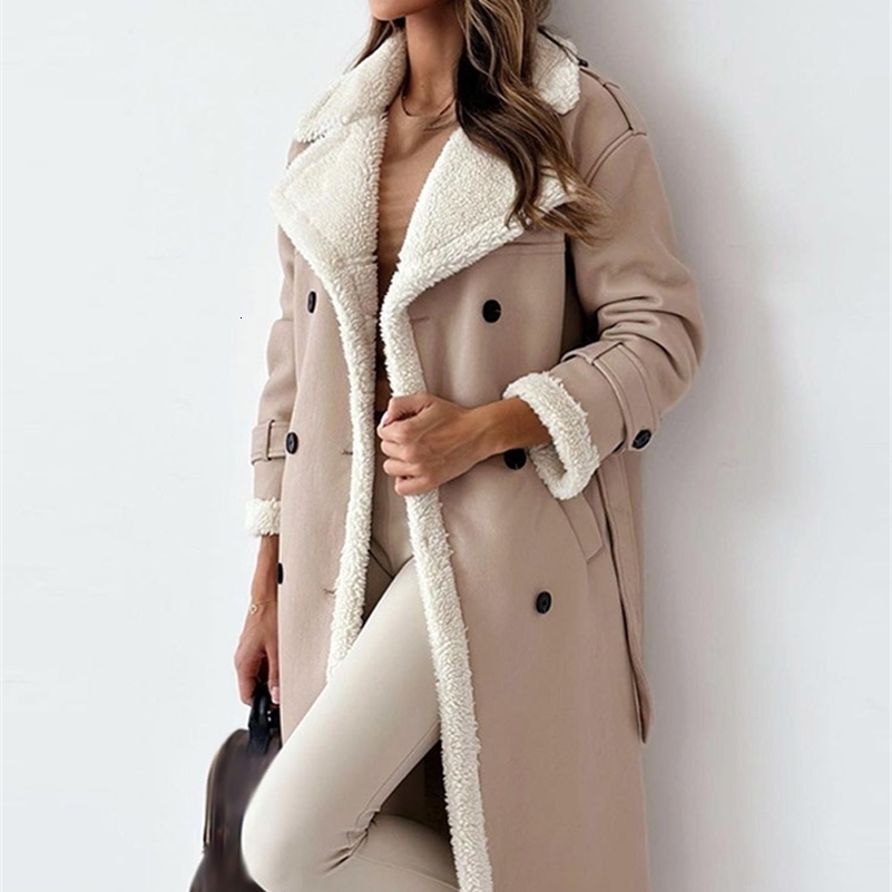 Women s Jackets Fur Leather Long Jacket Women Belt Lambswool Sleeve Turndown Collar Pocket Female Coat 2023 Autumn Winter Lady Overcoat 231123