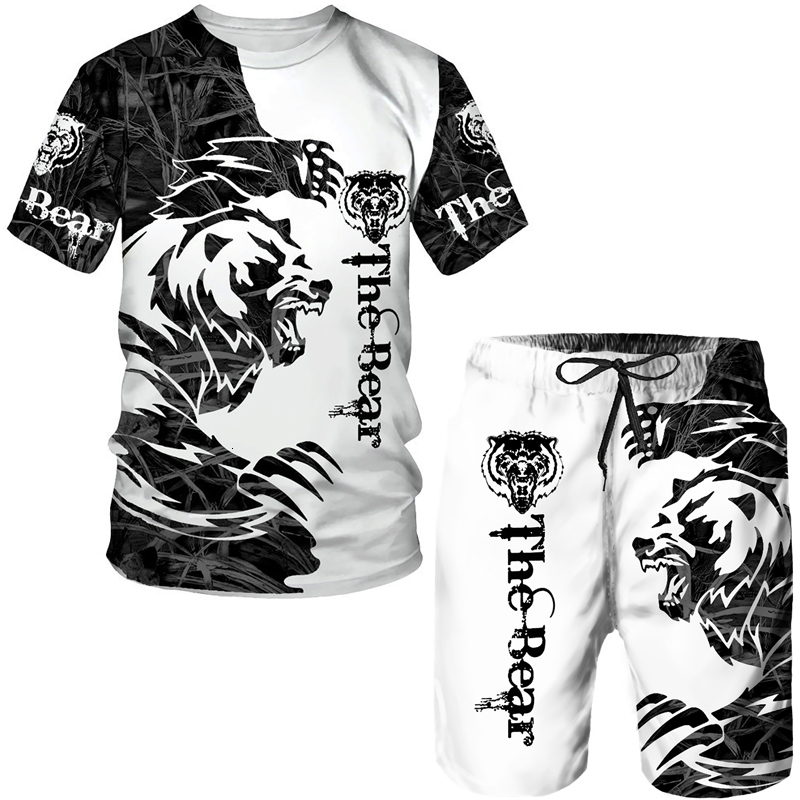 Men's Tracksuits Summer men's animal tattoo white short sleeved T-shirt lion 3D printed O-neck T-shirt and shorts set casual sportswear 2304