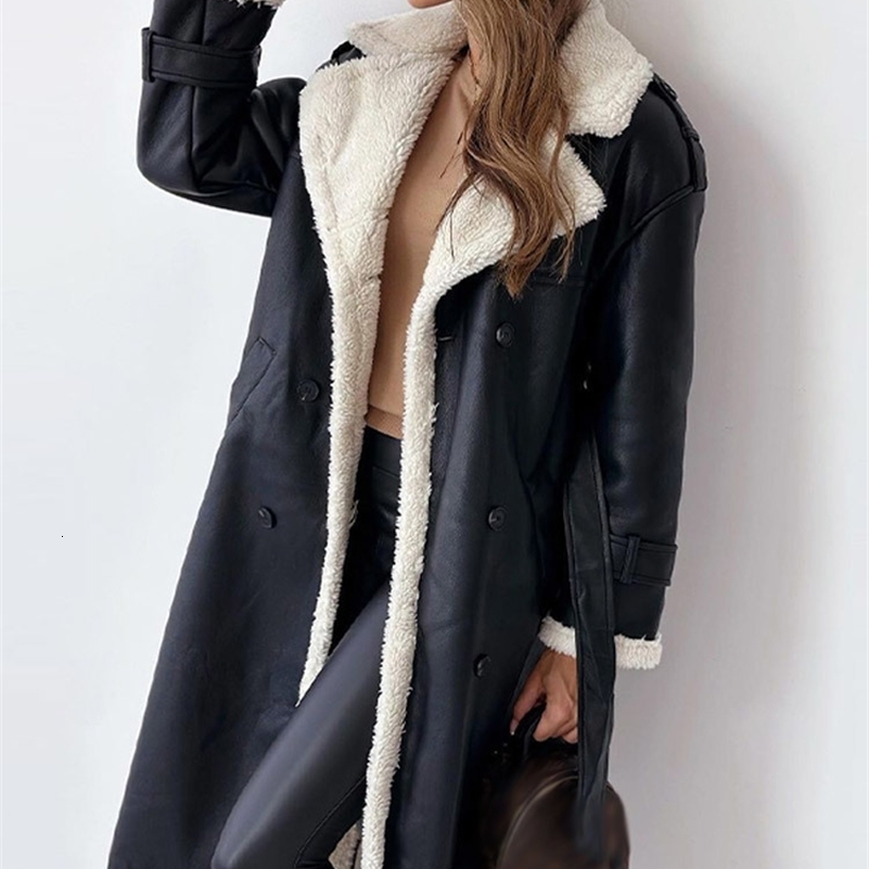 Women s Jackets Fur Leather Long Jacket Women Belt Lambswool Sleeve Turndown Collar Pocket Female Coat 2023 Autumn Winter Lady Overcoat 231123