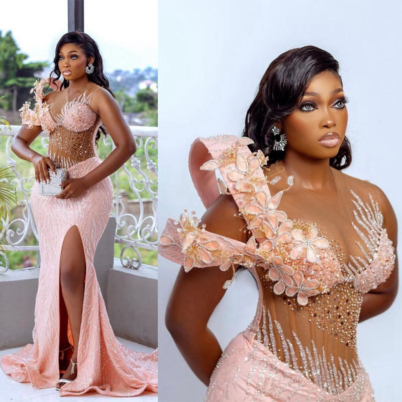 Aso Ebi Lastest Light Pink Prom Gowns Mermaid Illusion Evening Birthday Party Second Reception African Arabic Nigeria Formal Dress Bridesmaid Engageme