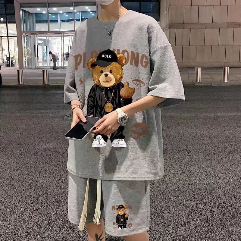 Men's Tracksuits Korean Fashion Street Clothing Hip Hop Rock Casual Shorts Funny Bear T-shirt Shorts 2 Piece Summer Men's Wear 230424