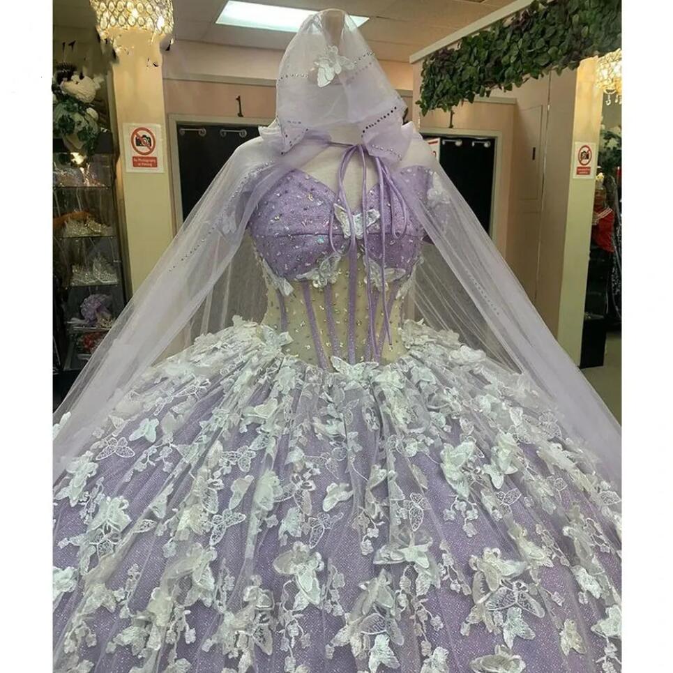 Glittering Lavender lilac Quinceanera Dresses With Cloak Butterfly Lace-up corset Vestidos De 15 Anos Birthday Prom Party Gowns