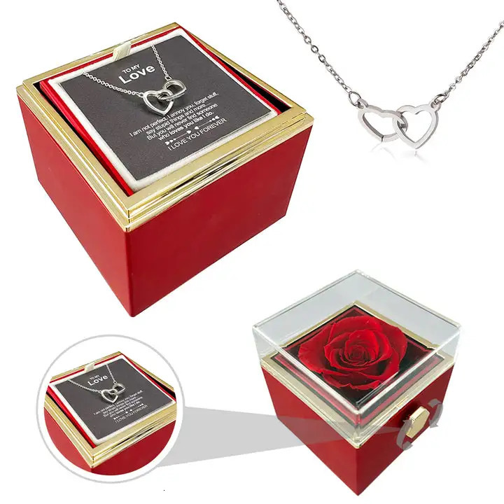 Pendant Necklaces Customized Necklace Double Heart Engraved Name Steel Necklace Eternal Rose Box For Women Valentine's Day Gift Box 231124