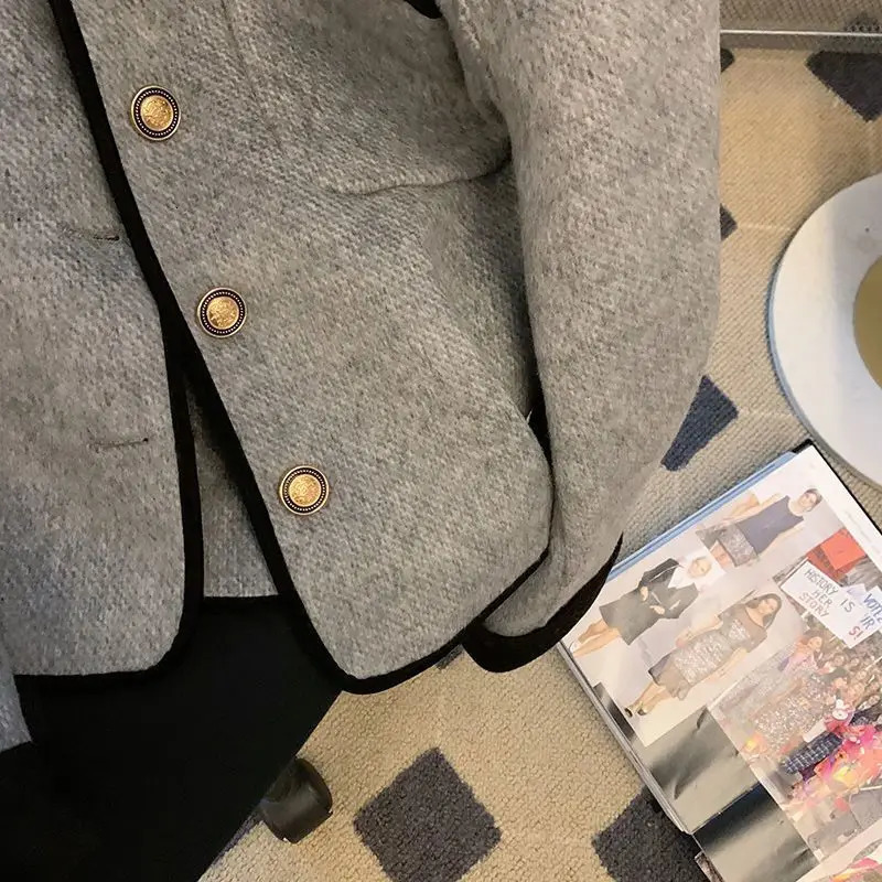 Womens Jackets Short Grey Quilted Coats Vintage Women Clothing Contrast Lapel Woolen Jacket Autumn Winter Harajuku Jaquetas Chaqueta 231123
