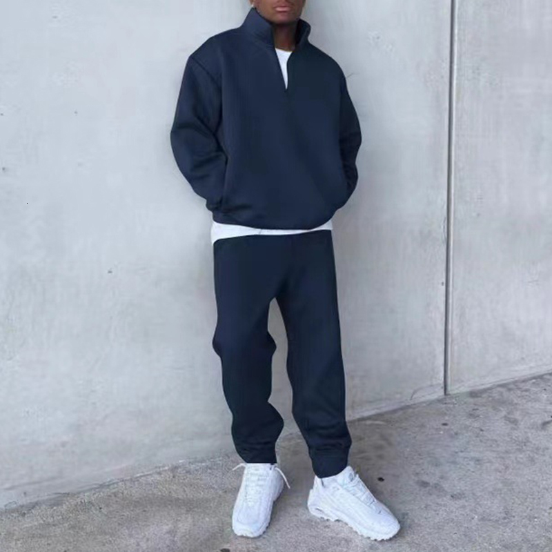 Men's Tracksuits Casual solid color loose fitting men's track suit Spring casual long sleeved bracket collar top and pants two-piece set for