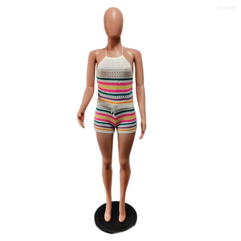 Women's Tracksuits Summer Rainbow Knitted Crop Top 2 Piece Short Pant Suits Sets Womens Outfits Clothes Crochet Backless Two Set Sexy Club