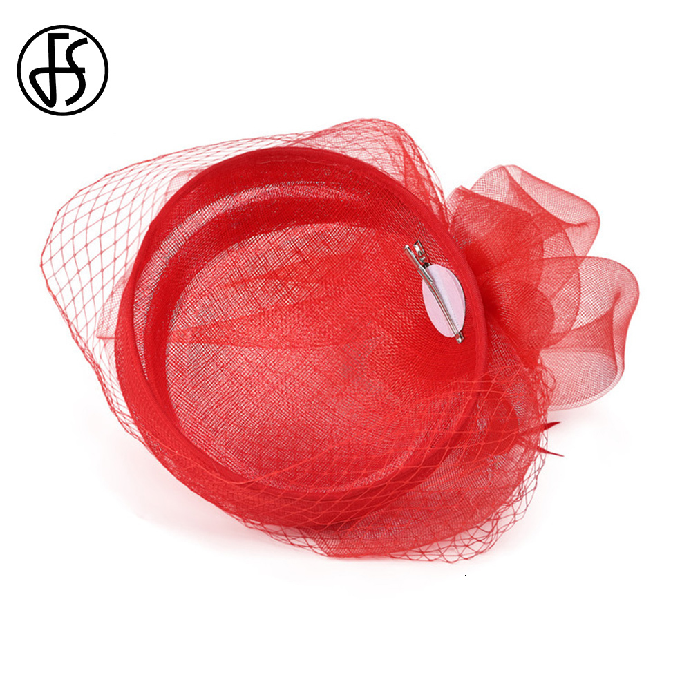 Wide Brim Hats Bucket Hats FS Bridal Wedding Red Hats Fascinators For Woman Cocktail Church Party Sinamay Feather Veil Headdress Elegant Cap 230422