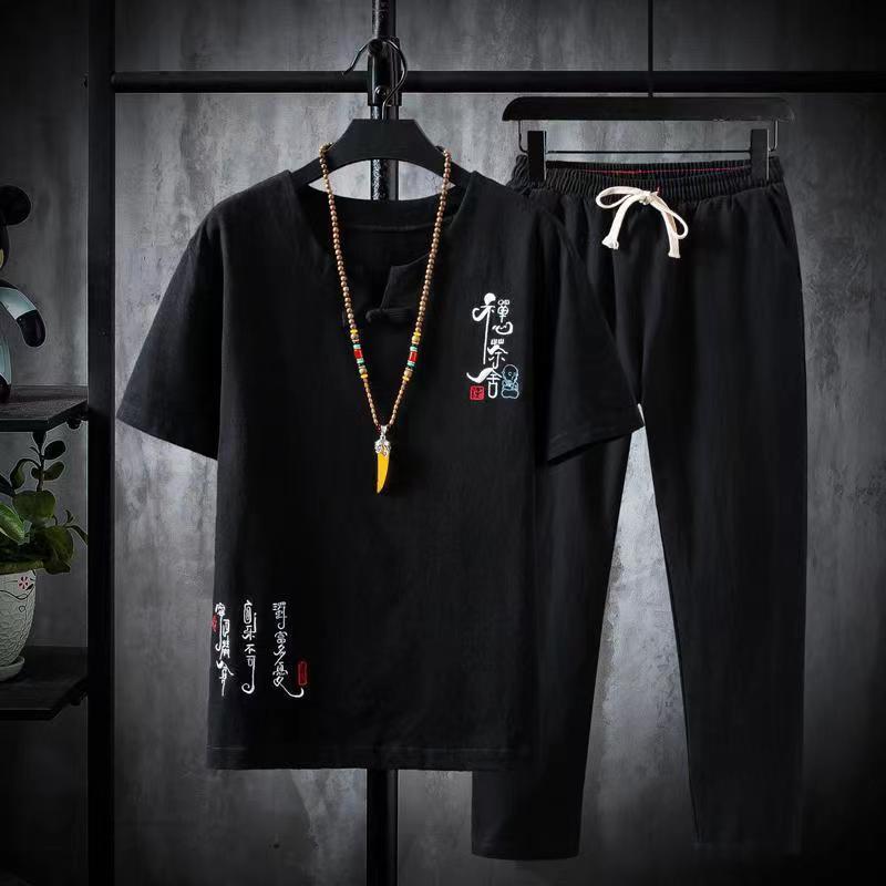 Men's Tracksuits Arrival Men's Cotton and Linen Short Sleeve T-shirtAnkle Length Pant Set Solid ShirtTrousers Home Suits Male Size M-5XL 230