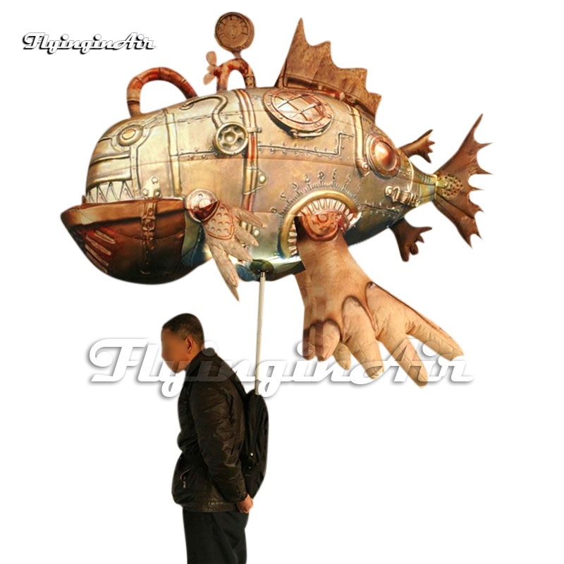 Sea Theme Parade Performance Walking Inflatable Fish Puppet Animal Balloon Metallic Blow Up Mechanical Piranha For Event