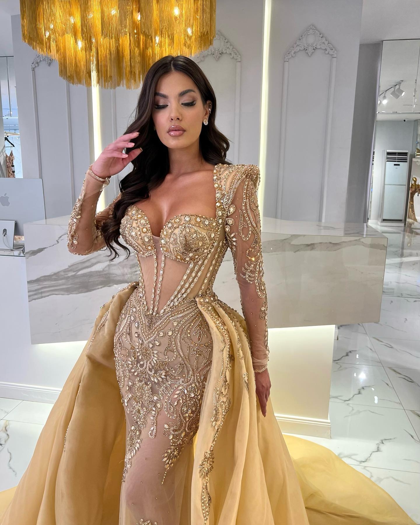 Exquisite Mermaid Gold Prom Dresses Sweetheart Illusion Beading Party Dresses with Overskirts Custom Made Evening Dress