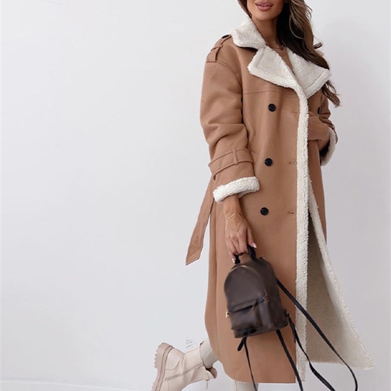 Women s Jackets Fur Leather Long Jacket Women Belt Lambswool Sleeve Turndown Collar Pocket Female Coat 2023 Autumn Winter Lady Overcoat 231123