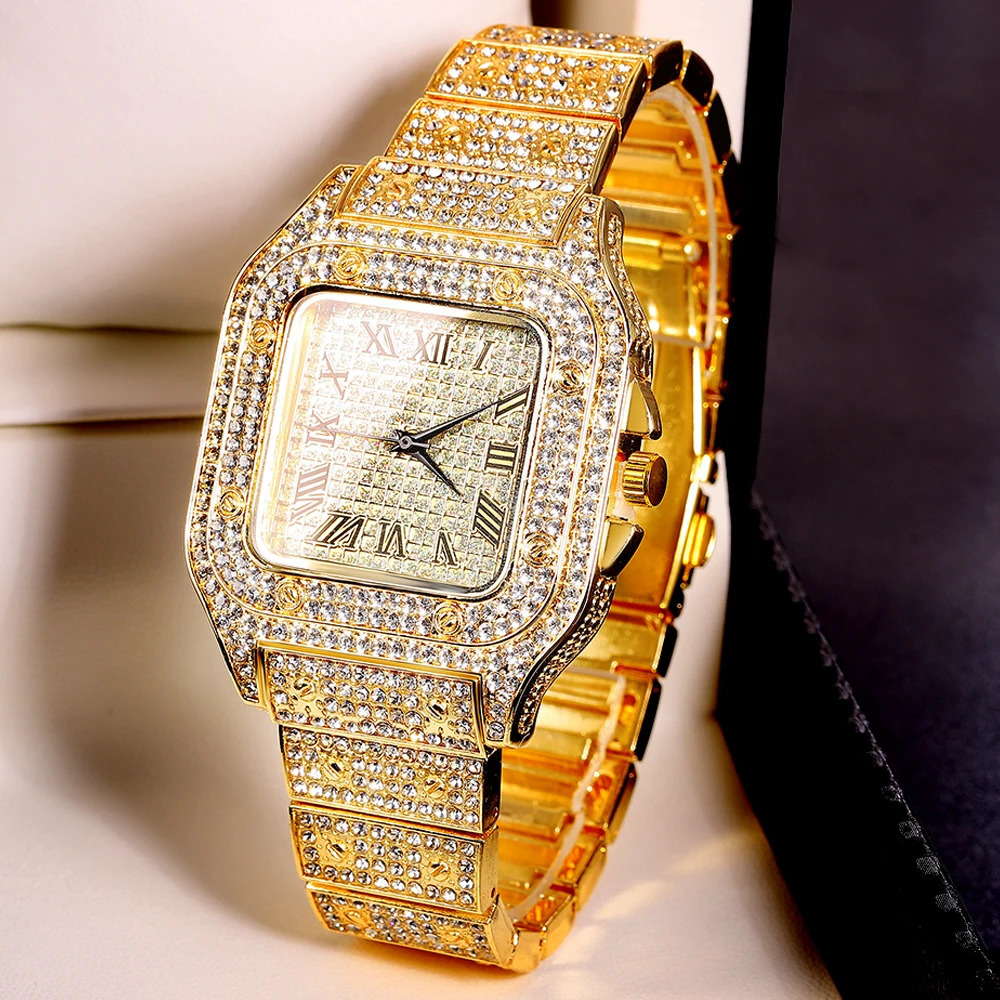 Chokers Gold Color Watch Hip Hop Miami Curb Cuban Chain Iced Out Paved Rhinestones Bling Rapper NecklaceWatchBracelet Jewelry For Men 231124