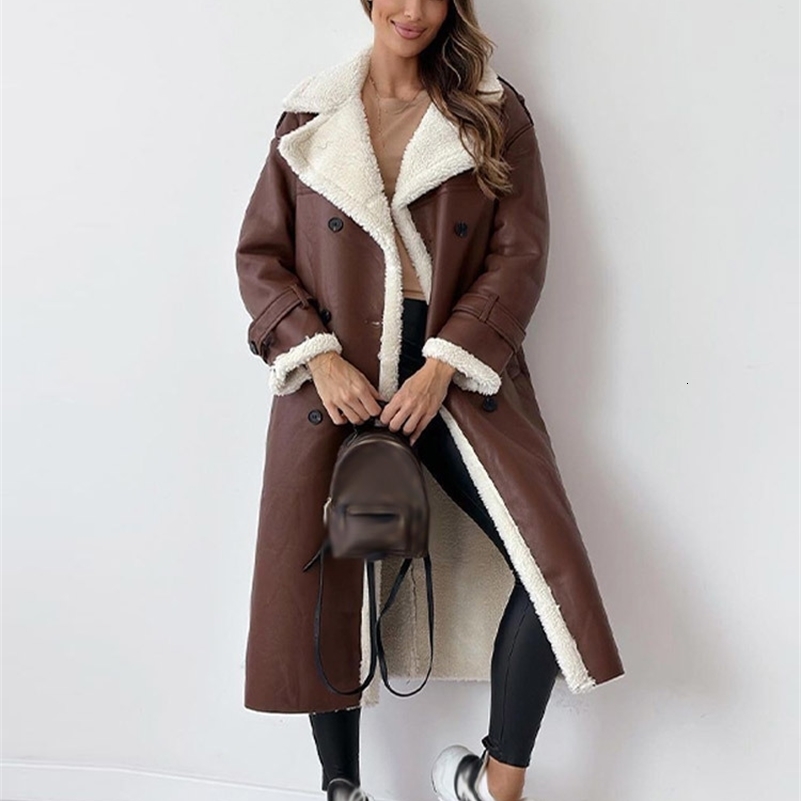 Women s Jackets Fur Leather Long Jacket Women Belt Lambswool Sleeve Turndown Collar Pocket Female Coat 2023 Autumn Winter Lady Overcoat 231123